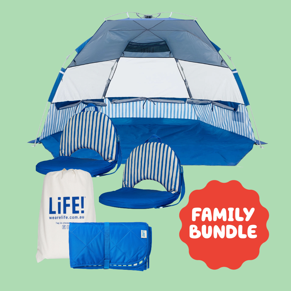 Beach shelter, 2 beach recliner chairs, and a beach mat in Blue Stripes with text bubble says family bundle